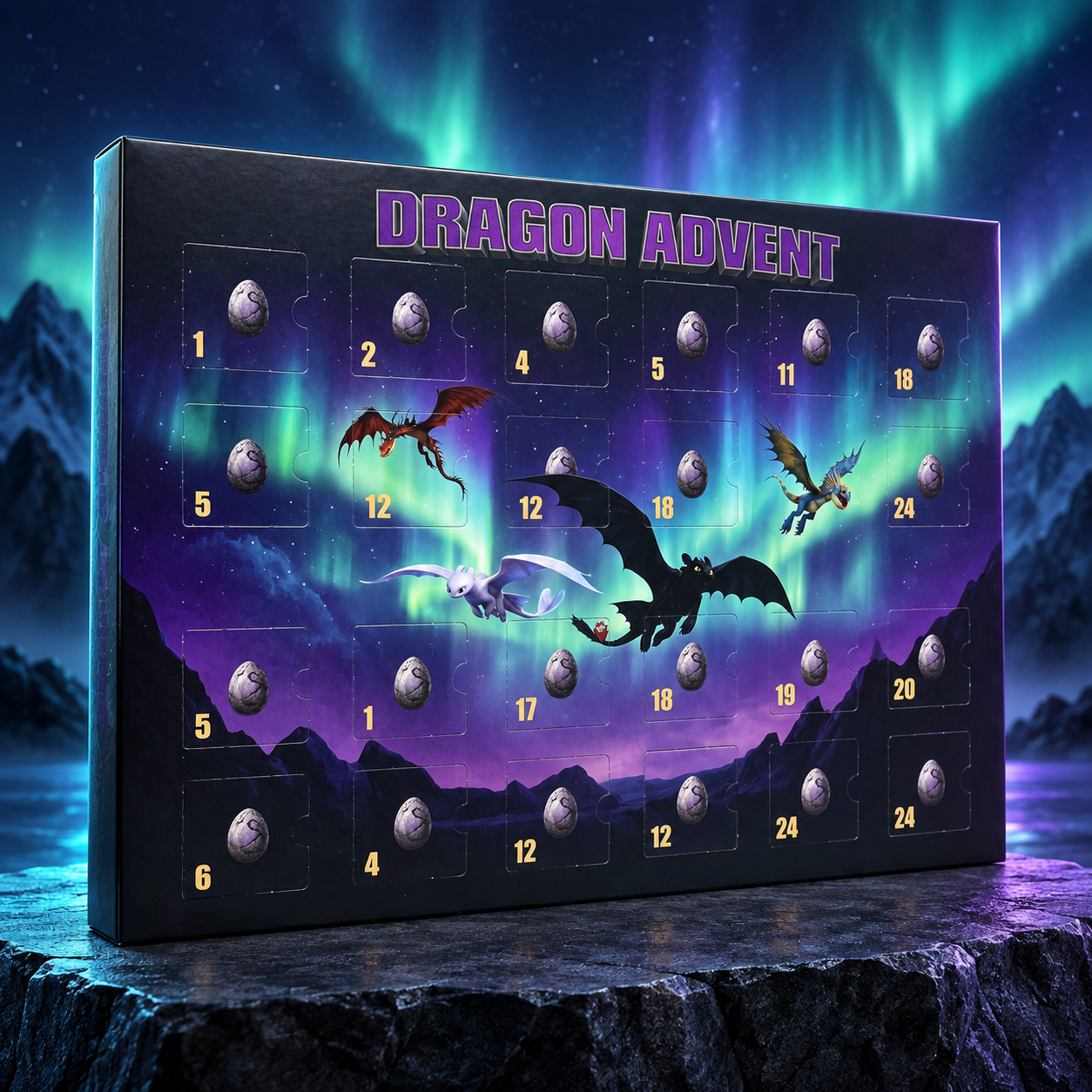 Dragon Advent calendar closed and displayed against an aurora backdrop