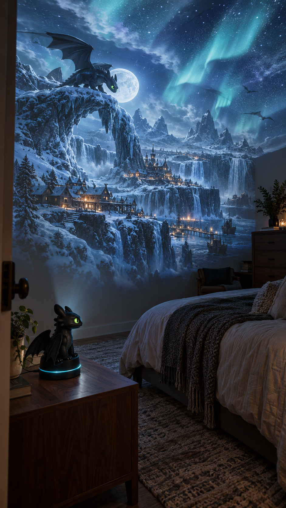 Winter dragon projection with a snowy Nordic village, frozen waterfalls, and cyan aurora